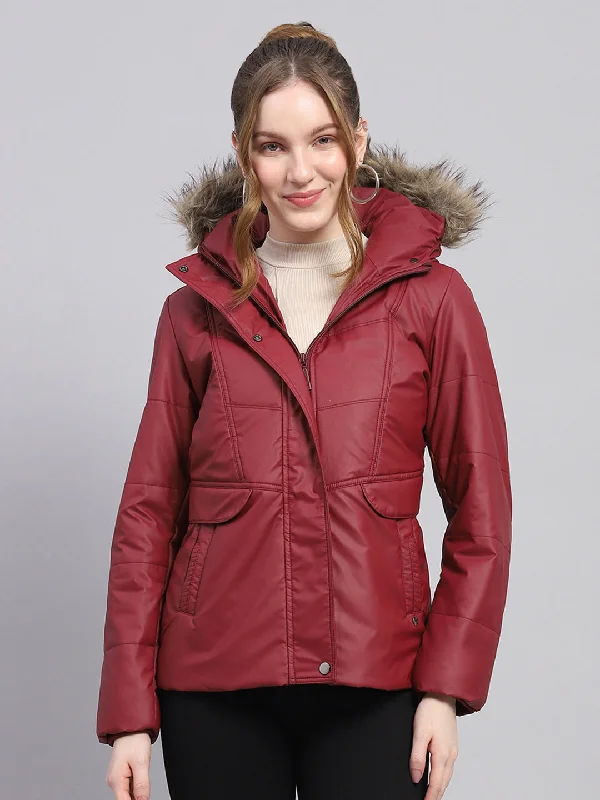 Women Maroon Solid Hooded Full Sleeve Jacket